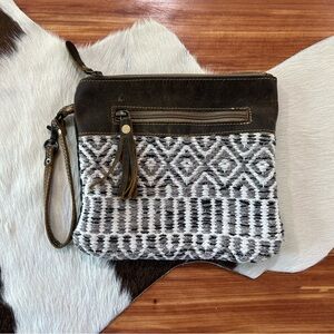 Myra Bag Clutch Wristlet Boho Aztec Woven Brown White Gray